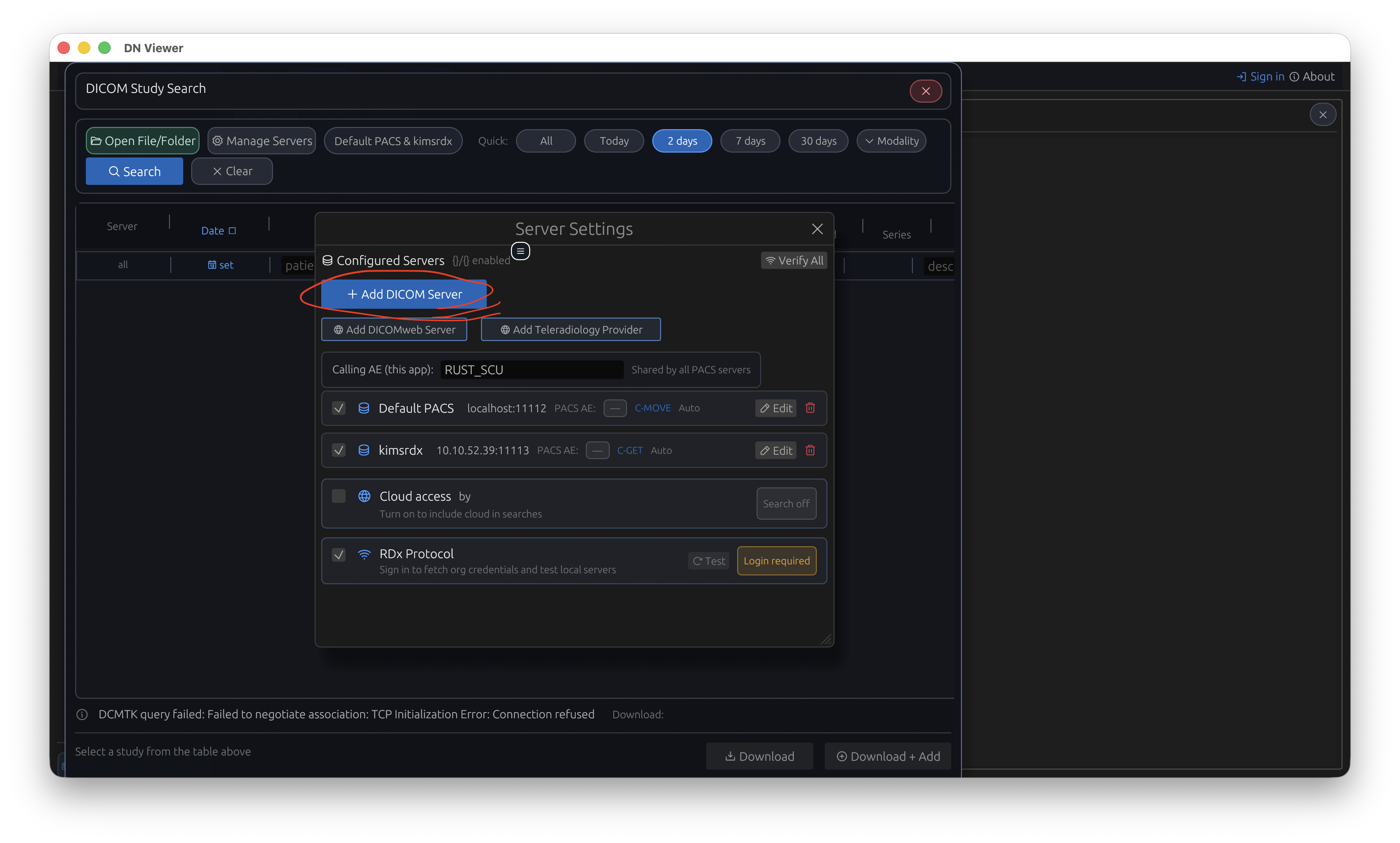 DN Viewer Server Settings with Add DICOM Server highlighted