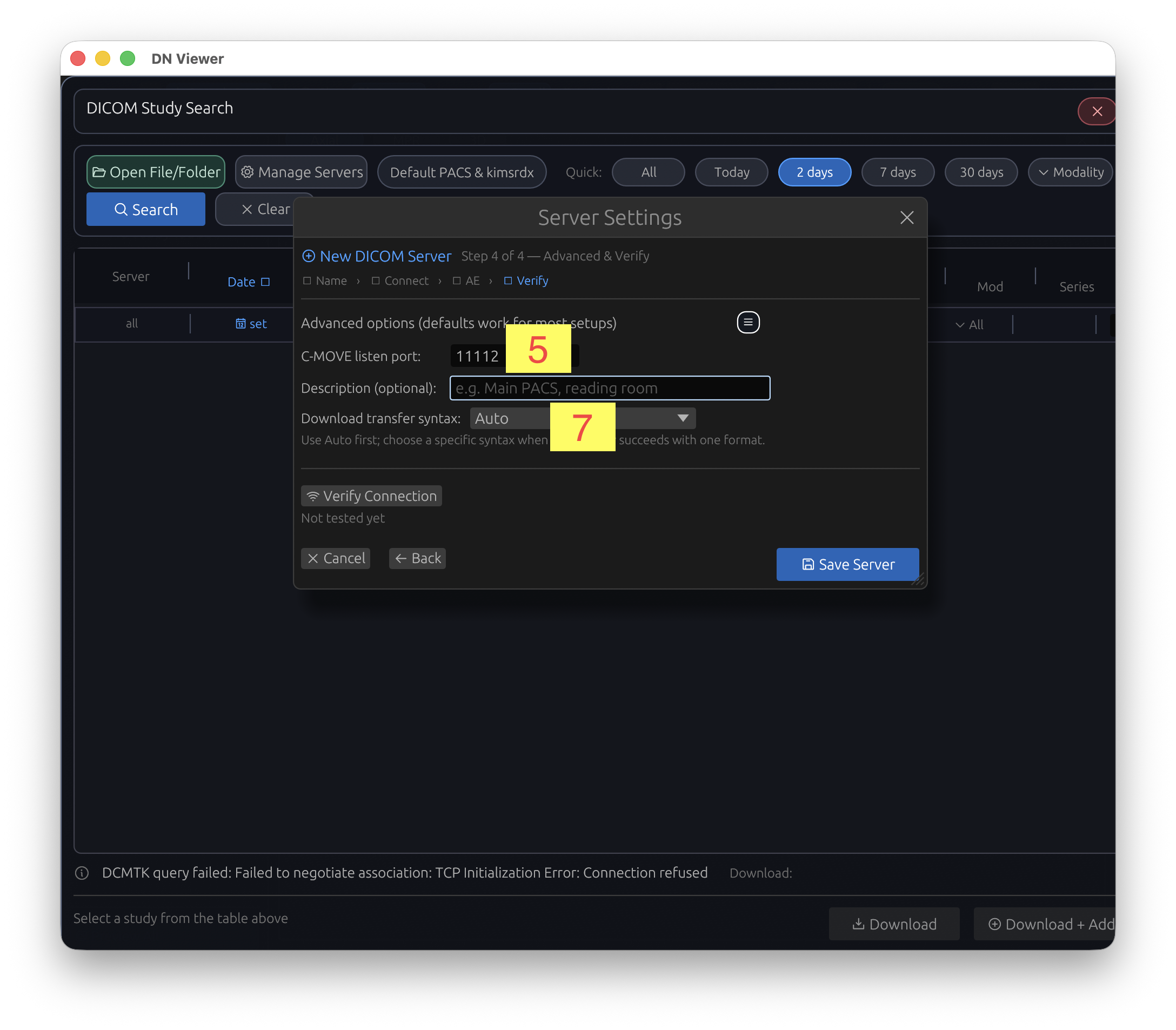 DN Viewer advanced server settings with listener port and transfer syntax