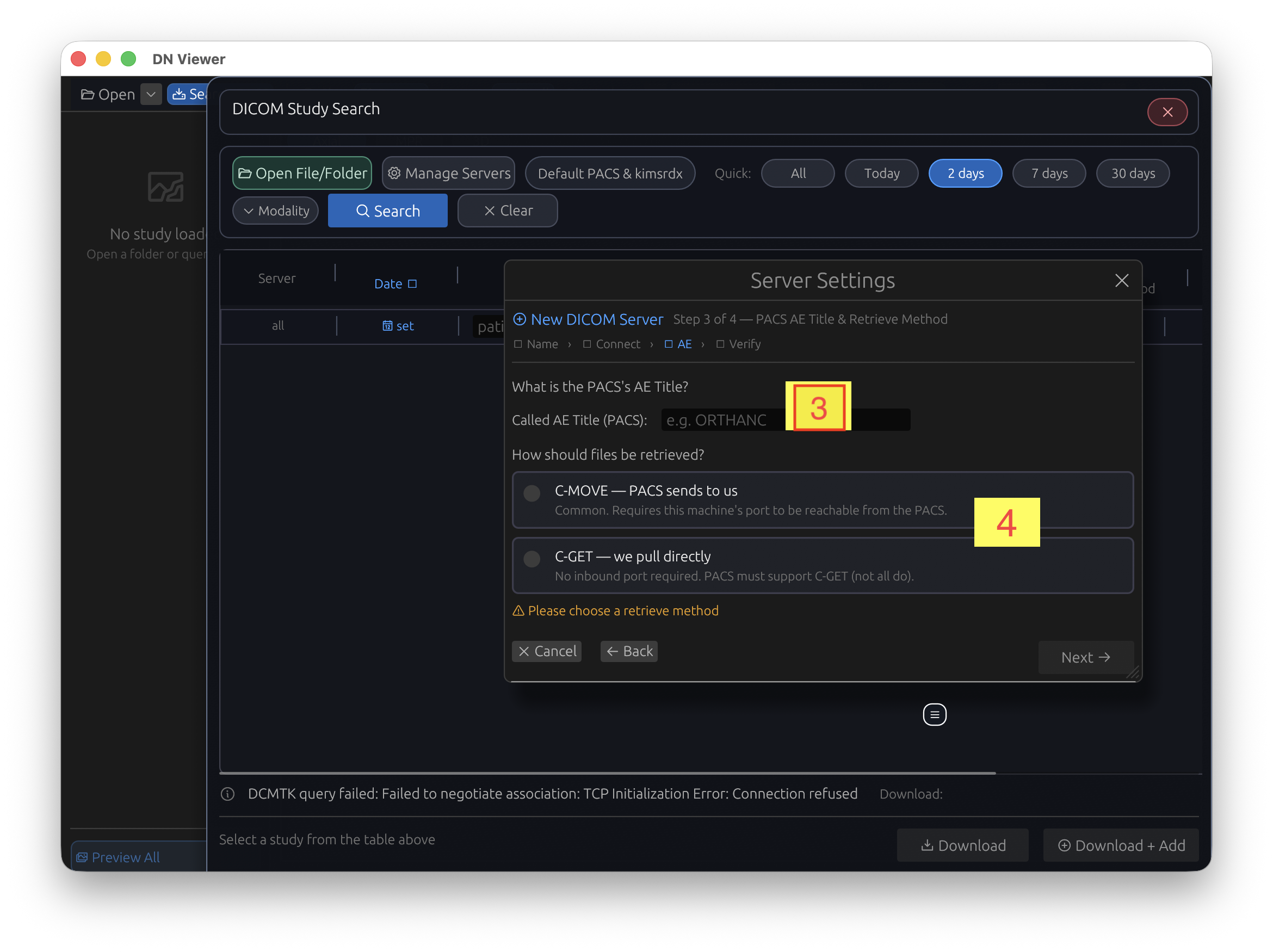 DN Viewer server setup showing Called AE Title and C-MOVE or C-GET options