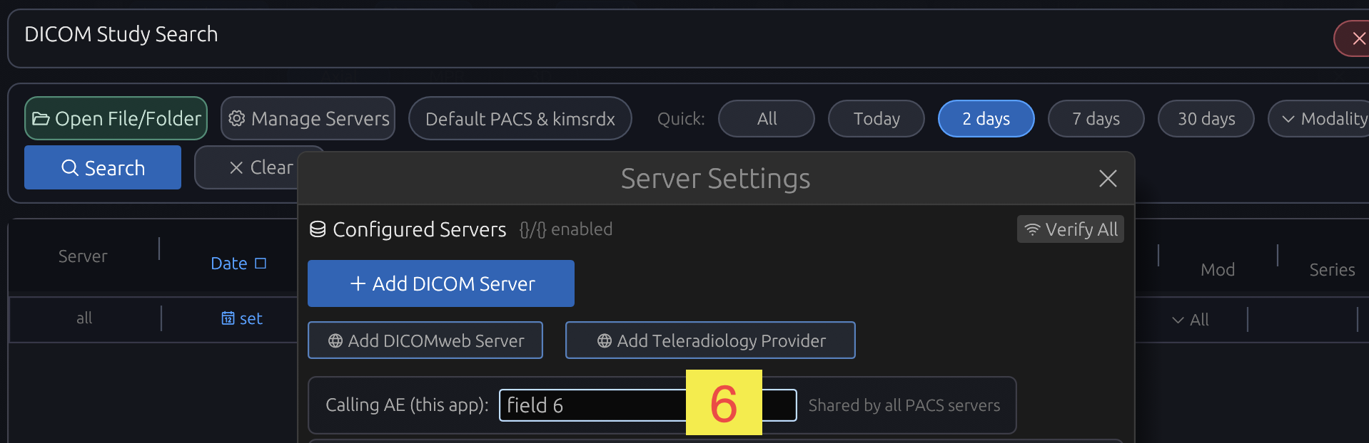 DN Viewer Server Settings showing the Calling AE field