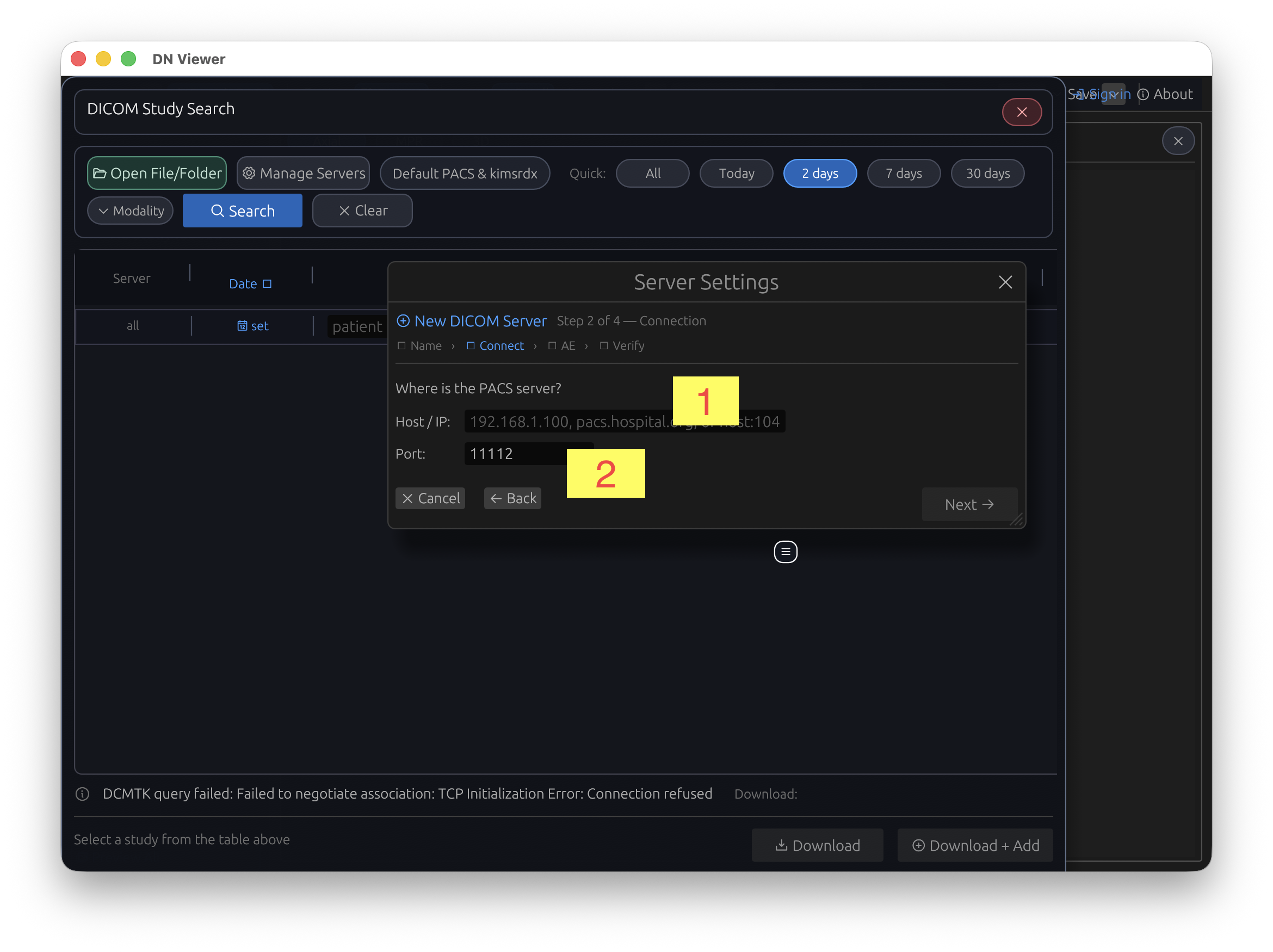 DN Viewer server setup showing Host IP and Port fields