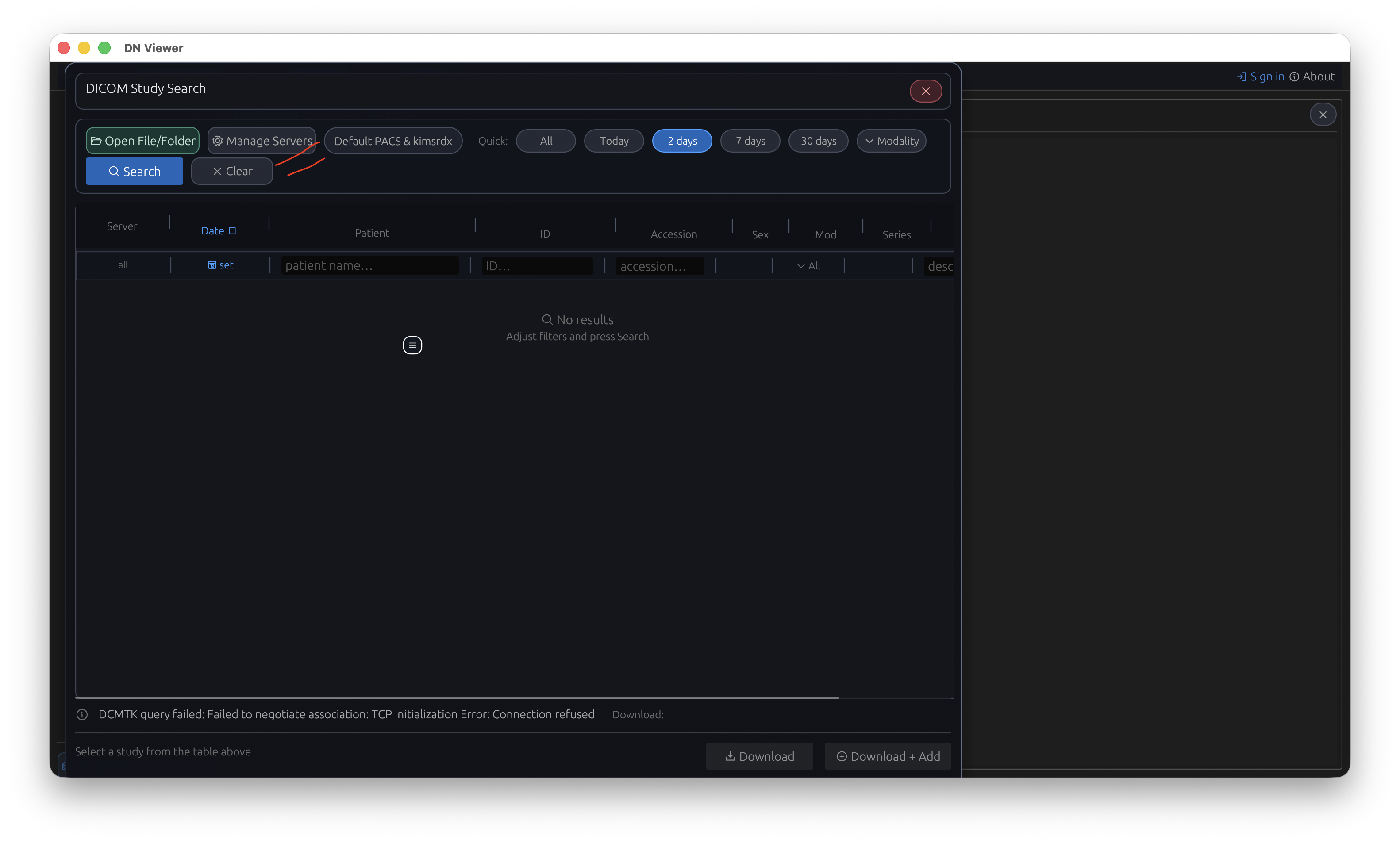 DN Viewer DICOM Study Search with the Manage Servers button highlighted