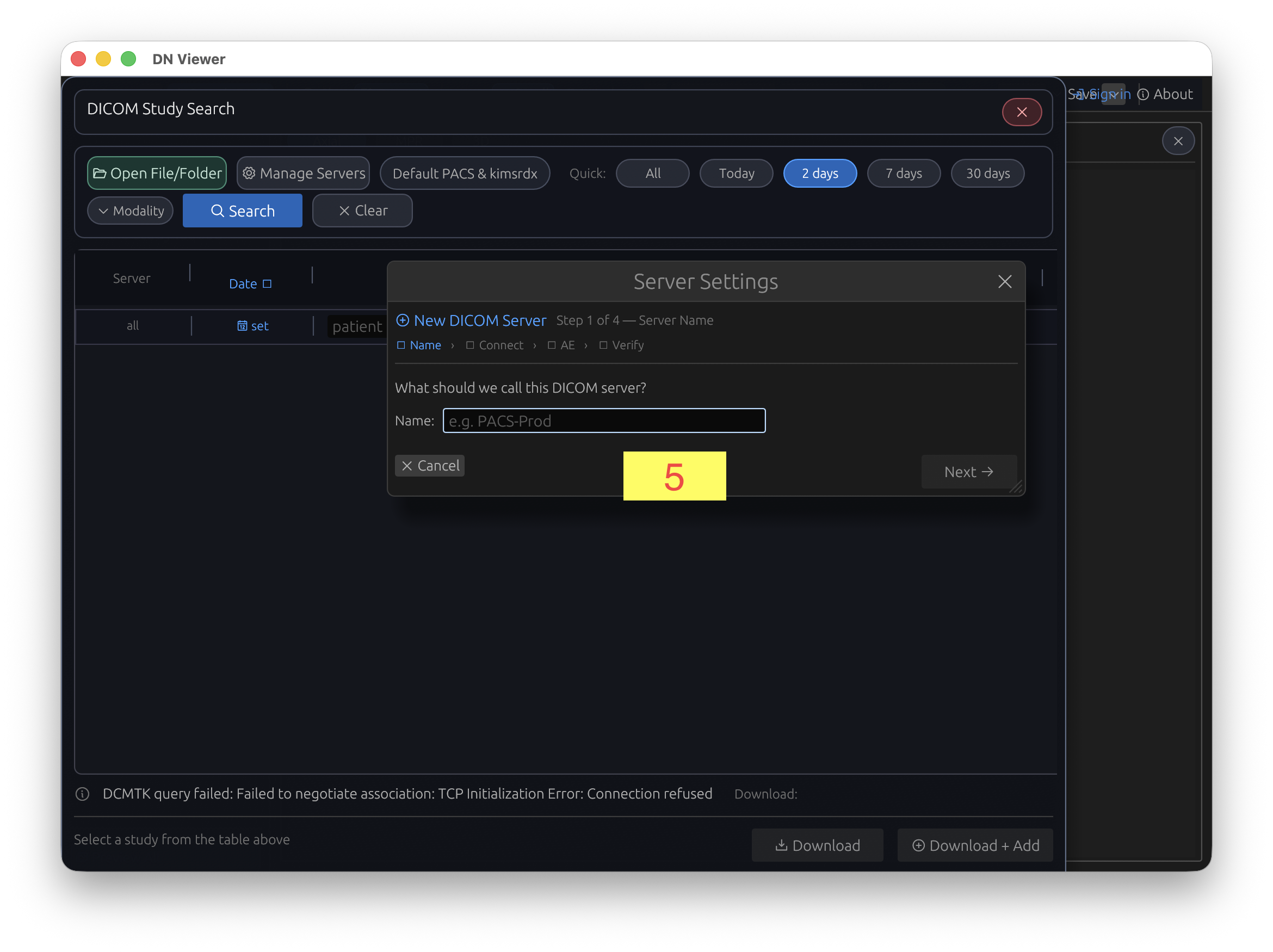 DN Viewer new server form with the server name field
